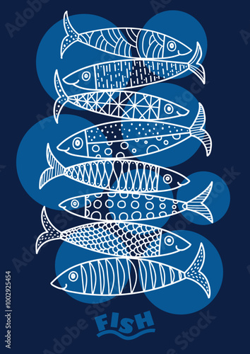 Fsh poster. Sea illustration. Line sardine.  Hand drawn illustration. Template design can be used for meny, banner, flyer, card, poster.