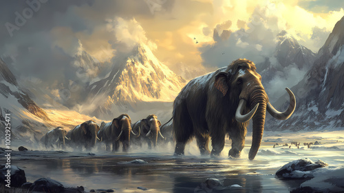 A herd of mammoths crossing a river during the pleistocene period. Tundra Landscape. Illustration