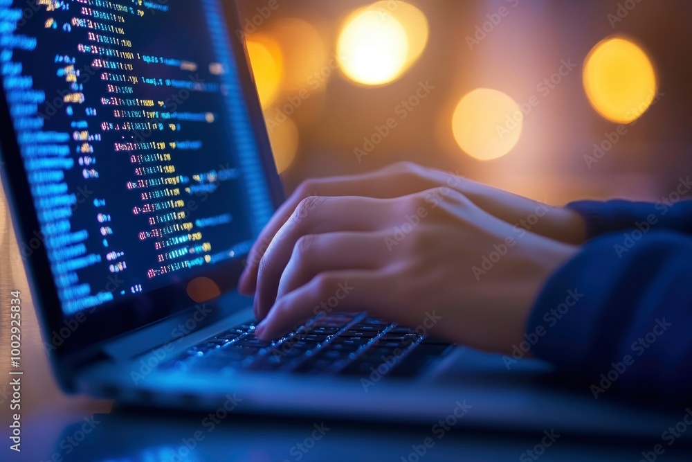 A person typing on a laptop and a coding showing on screen with blur bokeh background, a technology concept for software development or web design A person typing on a laptop and a coding showing on screen with blur bokeh background, a technology concept for software development or web design