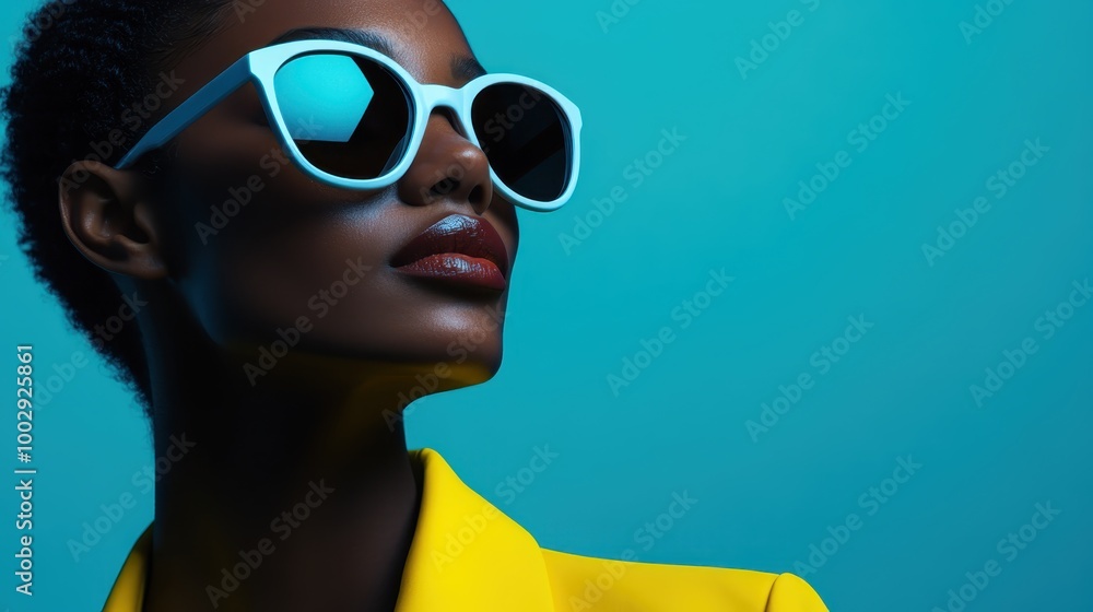 This image portrays a fashionable model wearing a striking yellow outfit complemented by blue sunglasses, embodying a modern chic style against a cyan backdrop. This image portrays a fashionable model wearing a striking yellow outfit complemented by blue sunglasses, embodying a modern chic style against a cyan backdrop.