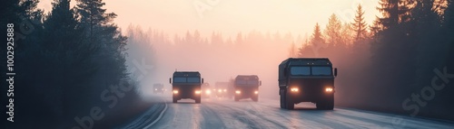 Trucks travel through a misty landscape, capturing the essence of transportation and adventure in a serene environment.