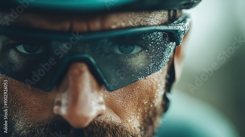 A seasoned male cyclist with intense eyes and a beard, wearing advanced cycling gear, represents the grit, determination, and passion of the sport. photo