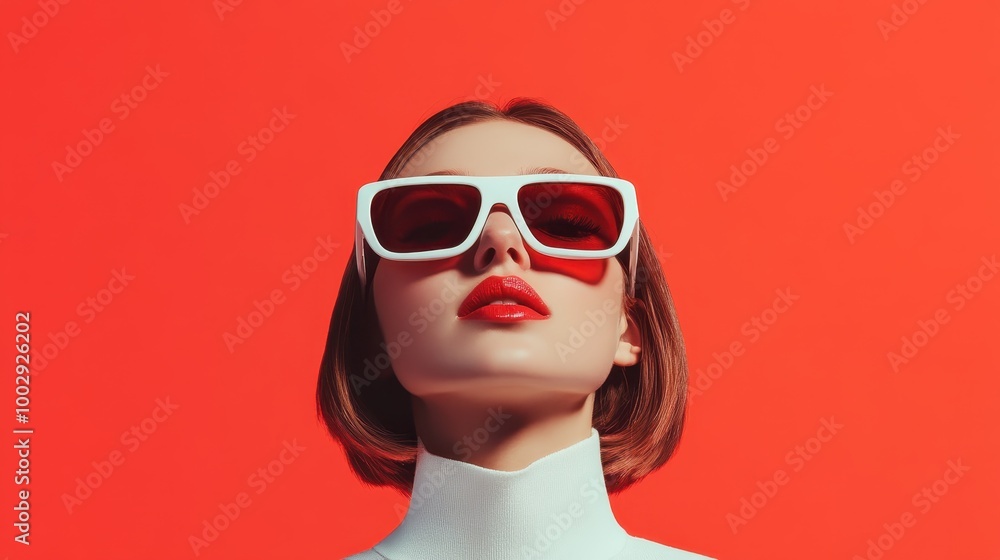 Vivid imagery of a fashionable woman exhibiting boldness, confidence, and modernity with striking red sunglasses against a solid red backdrop exuding vibrancy. Vivid imagery of a fashionable woman exhibiting boldness, confidence, and modernity with striking red sunglasses against a solid red backdrop exuding vibrancy.