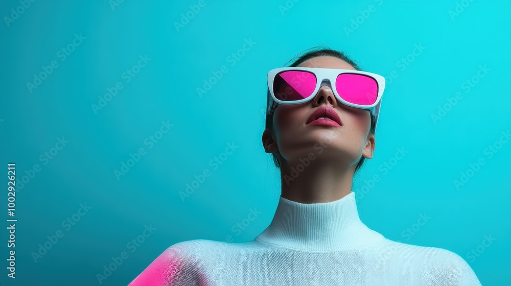 A stylish person wearing bold pink sunglasses set against a vibrant blue backdrop, capturing a modern and confident look that speaks to contemporary fashion trends. A stylish person wearing bold pink sunglasses set against a vibrant blue backdrop, capturing a modern and confident look that speaks to contemporary fashion trends.