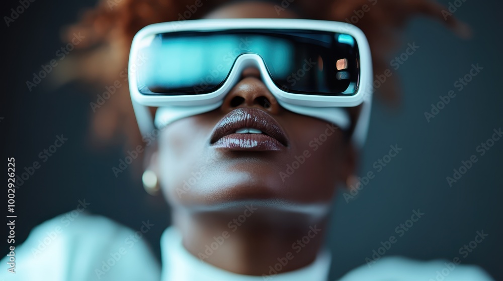 Futuristic eyewear featuring wide goggles with a reflective surface, worn by a person presented in a sleek, modern style, capturing innovation and forward-thinking design. Futuristic eyewear featuring wide goggles with a reflective surface, worn by a person presented in a sleek, modern style, capturing innovation and forward-thinking design.