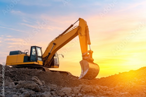 Wallpaper Mural excavator at sunrise over an open mine, bright orange against the sky, with rocks and dirt in the foreground Torontodigital.ca