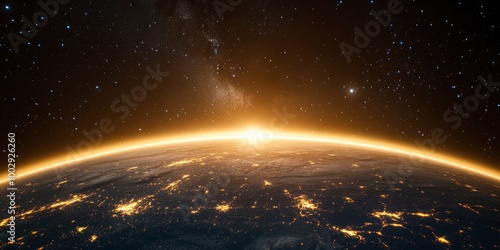 View of Earth from space at night, stars and city lights, an orange glow.