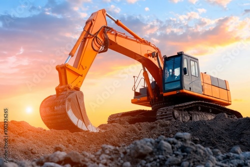 Wallpaper Mural excavator at sunrise over an open mine, bright orange against the sky, with rocks and dirt in the foreground Torontodigital.ca