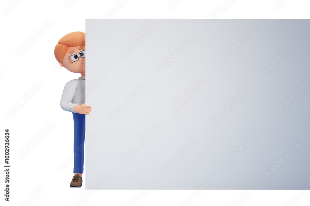 3D character holding a blank sign while peeking from behind it. Clean, isolated on a white background. Concept of advertisement, template. 3D Rendering. 3D character holding a blank sign while peeking from behind it. Clean, isolated on a white background. Concept of advertisement, template. 3D Rendering.
