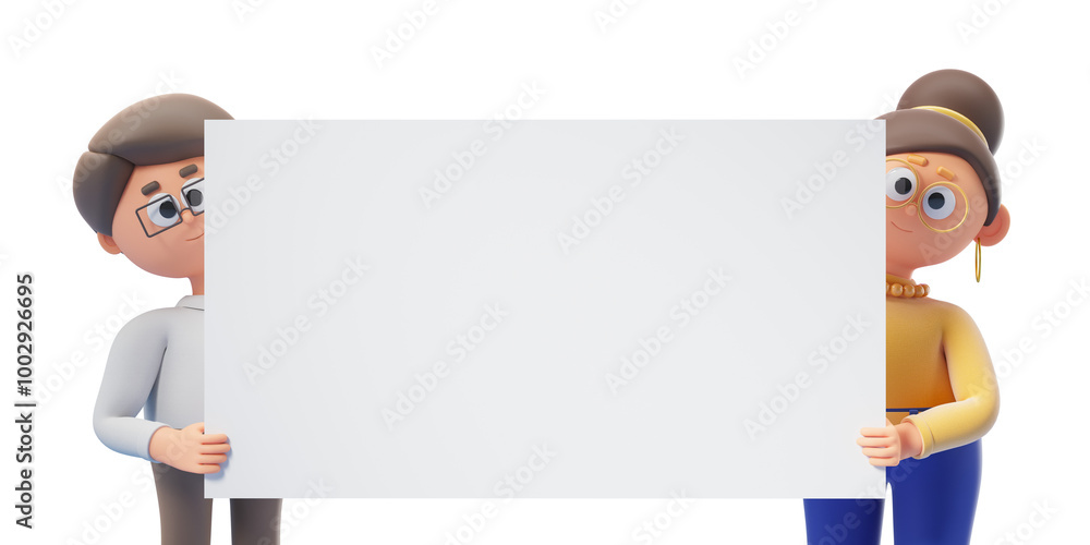 Two cartoon characters holding a blank sign in front of them, standing on a white background. Concept of advertisement or message. 3D Rendering Two cartoon characters holding a blank sign in front of them, standing on a white background. Concept of advertisement or message. 3D Rendering