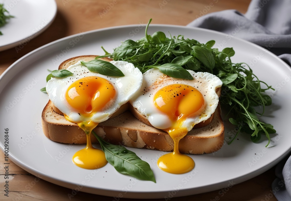 fried toast with arugula and poached egg in a plate fried toast with arugula and poached egg in a plate