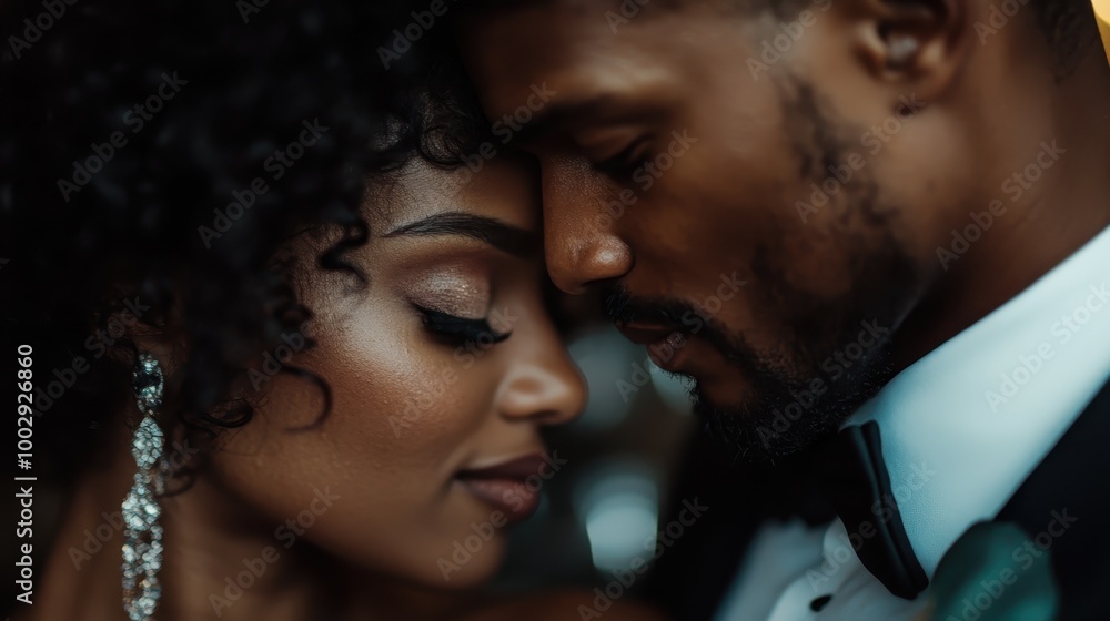 An intimate close-up of a couple touching foreheads, exuding warmth and love, symbolizing a unique bond and deep connection during their wedding celebration. An intimate close-up of a couple touching foreheads, exuding warmth and love, symbolizing a unique bond and deep connection during their wedding celebration.