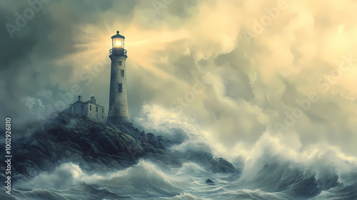 A lighthouse perched on a rocky shore, its beams cutting through the mist as waves crash against the stones below. Rocky Shore. Illustration