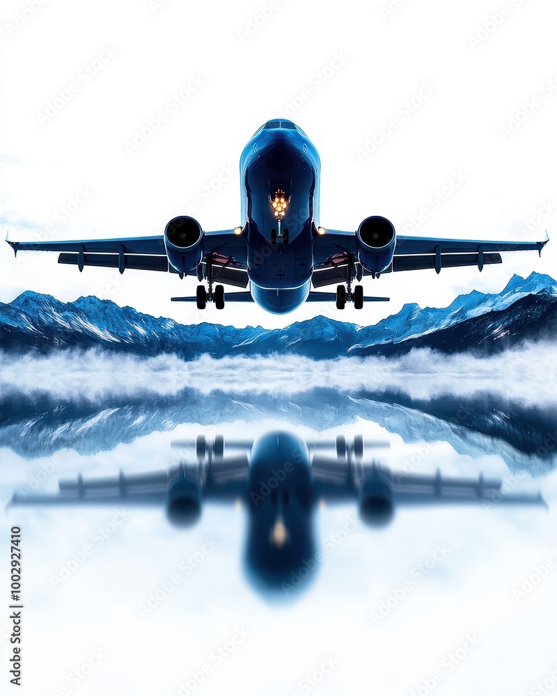 Plane Approaching with Reflection in Scenic Landscape Plane Approaching with Reflection in Scenic Landscape