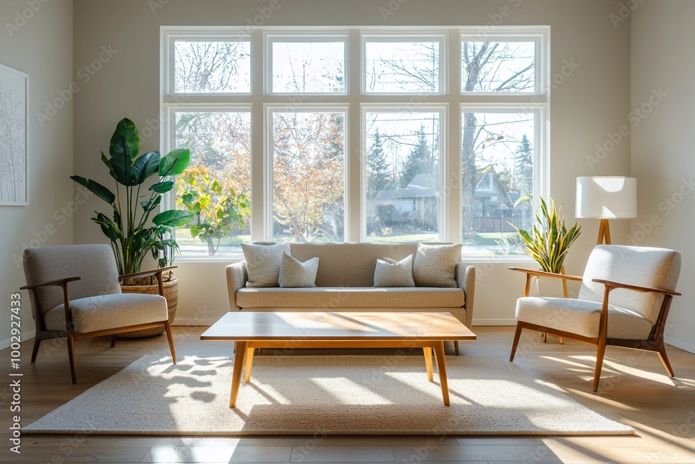 A living room with windows. Photograph of a combination of Scandinavian interiors and mid-century modern interiors with sofas and wood tables. Generative AI
A living room with windows. Photograph of a combination of Scandinavian interiors and mid-century modern interiors with sofas and wood tables. Generative AI