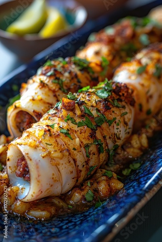 Lulas Recheadas: Stuffed squid typically filled with rice, herbs, and sometimes chorizo. photo