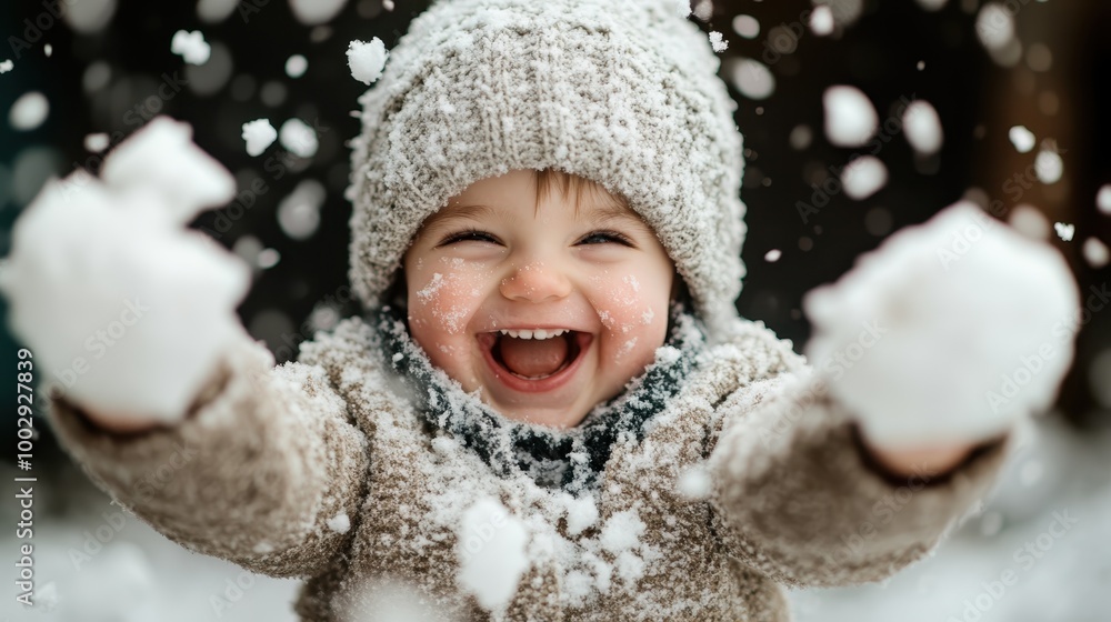 A laughing child bundled in warm clothes plays joyfully in the snow, capturing a moment of pure happiness and innocence on a cold winter day, surrounded by fluffy snowflakes. A laughing child bundled in warm clothes plays joyfully in the snow, capturing a moment of pure happiness and innocence on a cold winter day, surrounded by fluffy snowflakes.