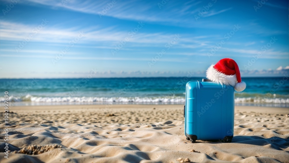 Christmas vacation concept with a blue suitcase with a Santa hat on a beach Christmas vacation concept with a blue suitcase with a Santa hat on a beach