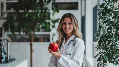 Woman doctor holding apple on hospital background