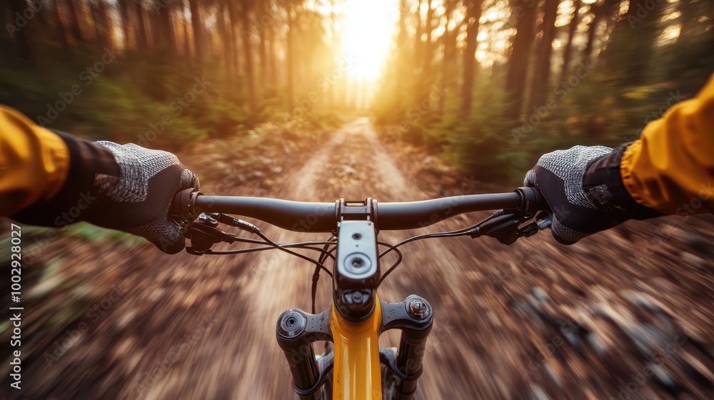 View from cyclist's perspective as they bike through a dense forest path during golden hour, capturing the essence of adventure and freedom in nature's embrace. View from cyclist's perspective as they bike through a dense forest path during golden hour, capturing the essence of adventure and freedom in nature's embrace.