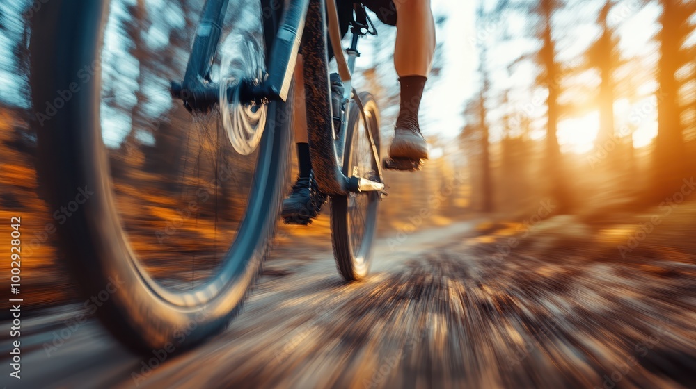 Naklejka premium The motion of a cyclist zooming over a sun-dappled path provides a vivid sense of speed and excitement, with the sun streaming through the autumn forest foliage.