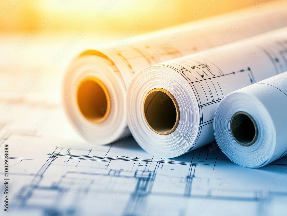 Detailed architectural blueprints rolled up on a surface, showcasing precise designs and technical drawings in a warm light. Detailed architectural blueprints rolled up on a surface, showcasing precise designs and technical drawings in a warm light.