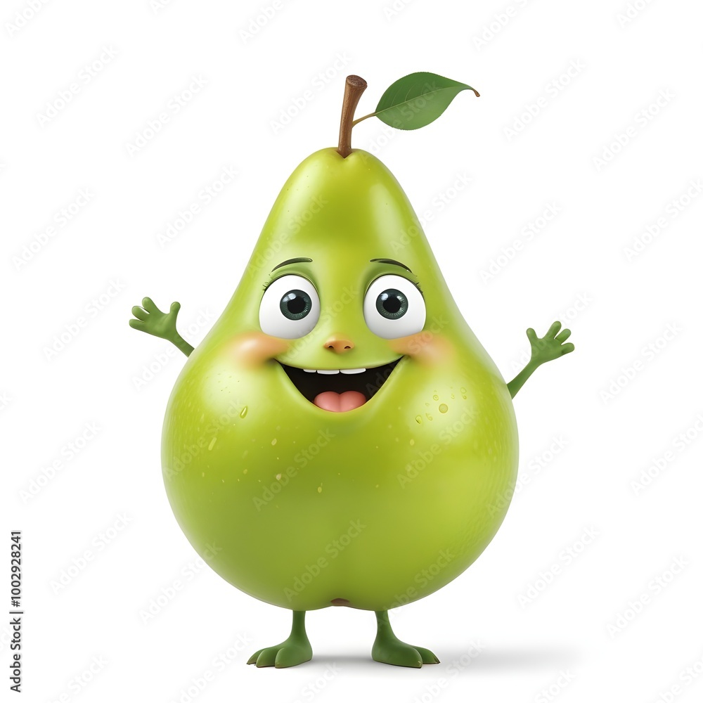 A happy, smiling green pear character with large eyes and an exaggerated grin, against a plain white background A happy, smiling green pear character with large eyes and an exaggerated grin, against a plain white background