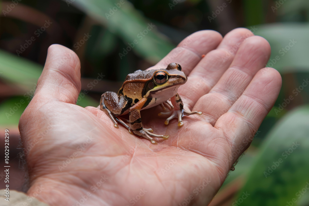 Obraz premium Tiny Frog Resting on Human Hand in Nature 
