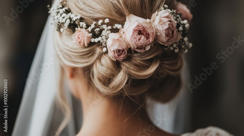 This image showcases a blonde bridal updo elegantly styled with pink roses and baby's breath, offering a charming and timeless bridal look with a romantic essence. photo