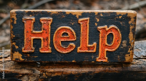 A distressed and weathered wooden sign with the word Help in bold red letters on a black background, suggesting a plea for assistance or attention in a rustic, natural setting