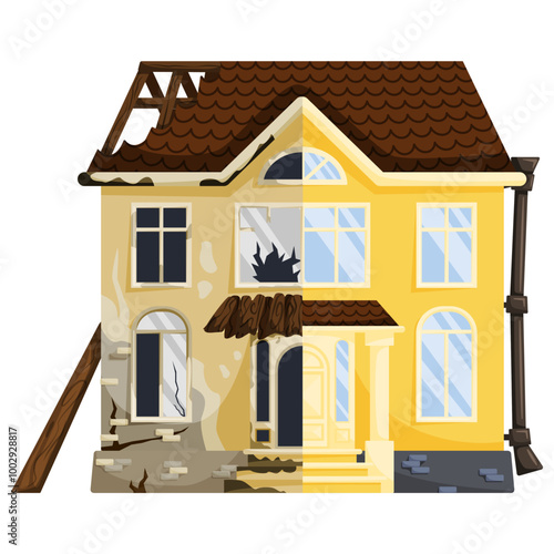 Renovation concept. A two-story house is depicted with one half in a dilapidated state, showing broken windows and peeling paint, while the other half is fully restored with a new roof and fresh