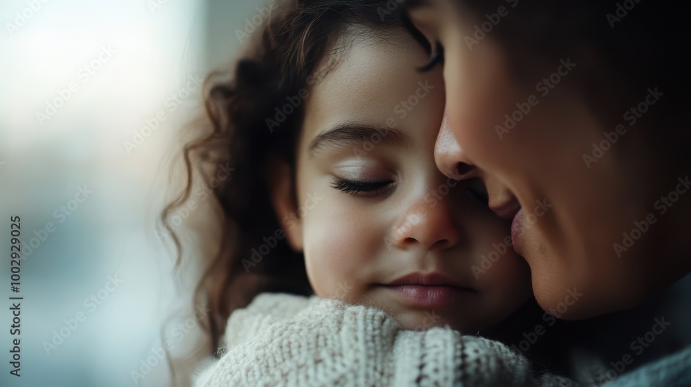 A child peacefully asleep, nestled in the loving embrace of their mother, captures a serene moment of security, warmth, and unconditional love in soft lighting. A child peacefully asleep, nestled in the loving embrace of their mother, captures a serene moment of security, warmth, and unconditional love in soft lighting.