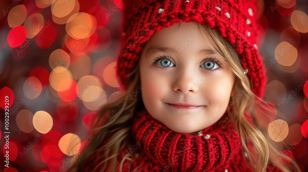 A close-up portrait of a young child wearing a red knit hat and scarf, with beautiful blue eyes, smiling subtly in front of a festive, bokeh holiday lights background A close-up portrait of a young child wearing a red knit hat and scarf, with beautiful blue eyes, smiling subtly in front of a festive, bokeh holiday lights background