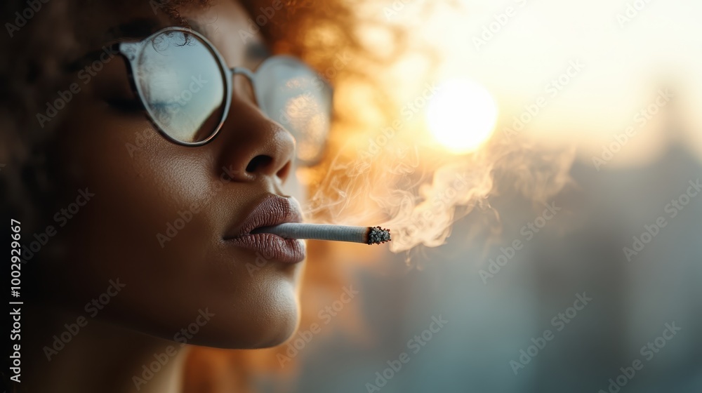 Fototapeta premium A woman with round sunglasses smokes a cigarette at sunset, capturing a moment of contemplation and style against a backdrop of warm evening light.