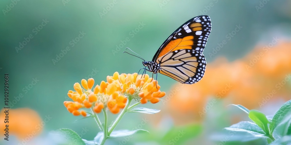 Fototapeta premium beautiful butterfly on orange flower garden with blur background
