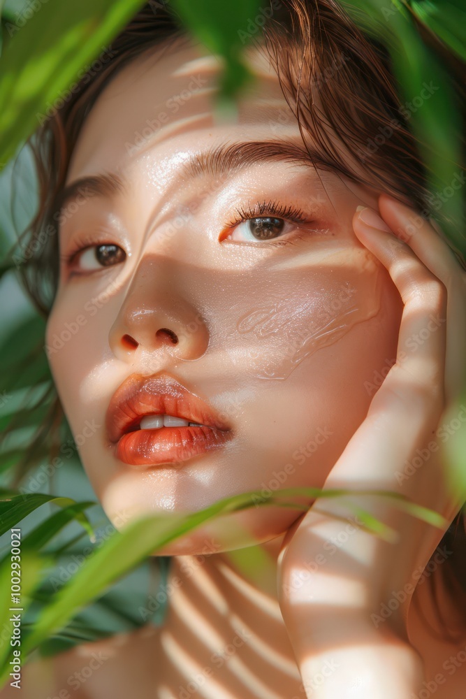 Korean model woman face close-up with green plant background. She applies concealer with fingers in beauty studio promo photo. High resolution image of pretty beautiful editorial fashion portrait. Korean model woman face close-up with green plant background. She applies concealer with fingers in beauty studio promo photo. High resolution image of pretty beautiful editorial fashion portrait.