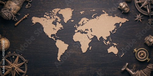 A vintage world map surrounded by nautical tools like compasses, ships, and sea monsters. The background is dark wood with aged textures