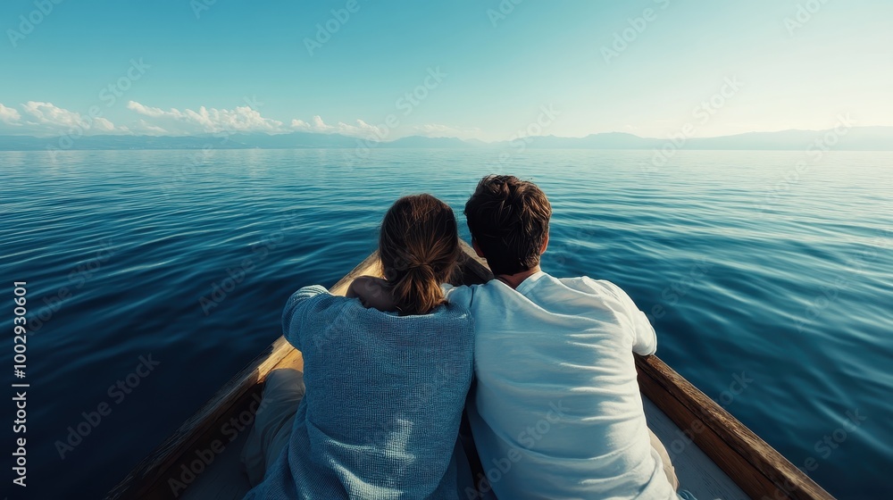 A couple sits closely on a wooden boat, gazing at the calm, expansive sea under clear skies, evoking a sense of tranquility and shared moments of connection. A couple sits closely on a wooden boat, gazing at the calm, expansive sea under clear skies, evoking a sense of tranquility and shared moments of connection.