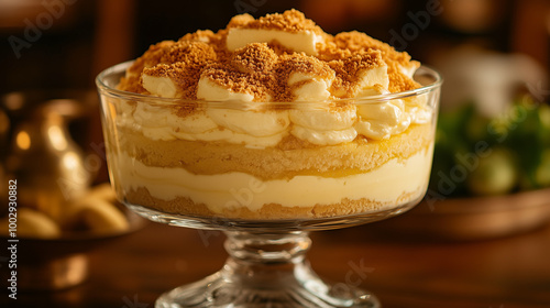 Pavê layered dessert in a glass dish, creamy with cookies and whipped cream, inviting presentation