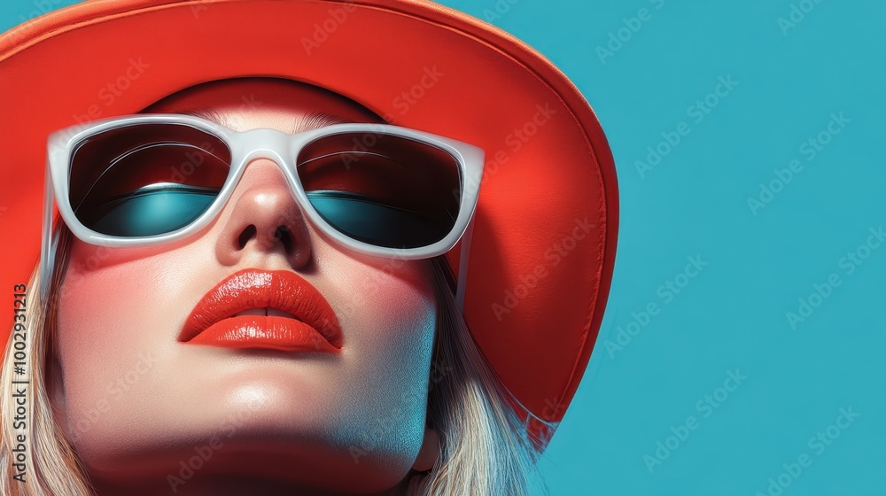 A modern image of a woman in bold colors and glasses, with an orange hat, capturing the essence of futuristic fashion and self-expression in photographic artistry. A modern image of a woman in bold colors and glasses, with an orange hat, capturing the essence of futuristic fashion and self-expression in photographic artistry.