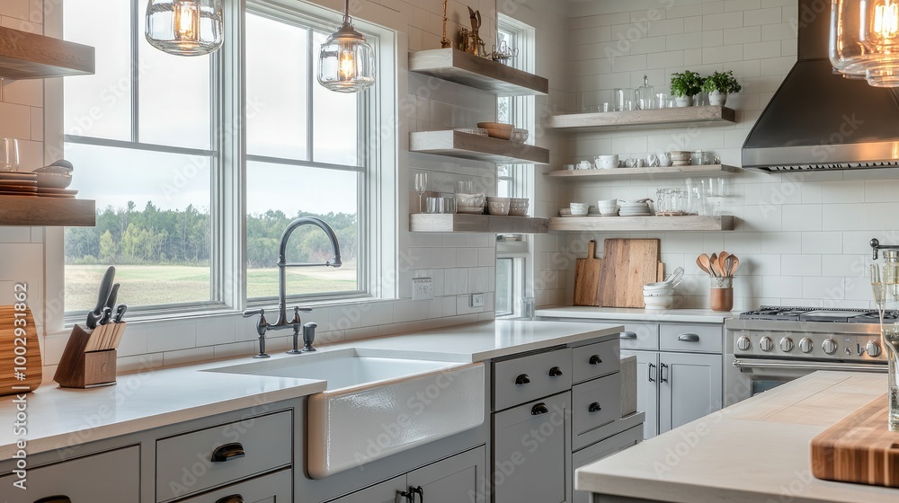 A modern farmhouse-style kitchen with shaker-style cabinets in a soft gray hue. A large farmhouse sink sits beneath a window overlooking a pastoral landscape A modern farmhouse-style kitchen with shaker-style cabinets in a soft gray hue. A large farmhouse sink sits beneath a window overlooking a pastoral landscape