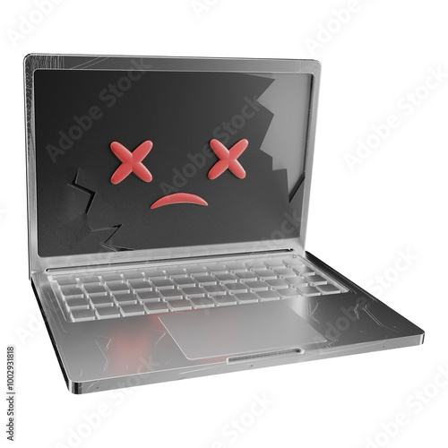 damaged shutdown computer laptop with broken screen 3D illustration