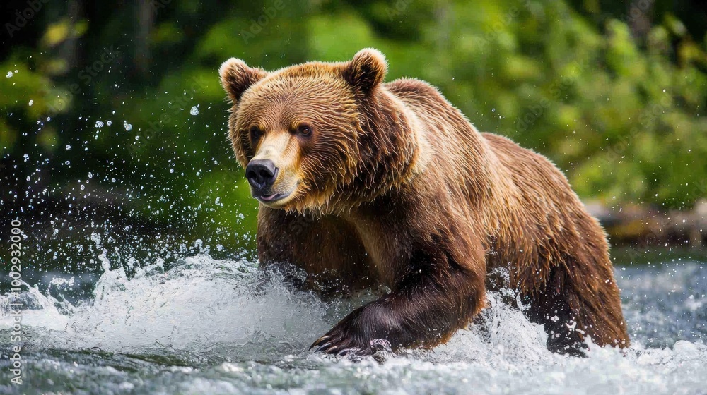 Majestic Brown Bear Splashing through Rushing River in Wilderness Majestic Brown Bear Splashing through Rushing River in Wilderness