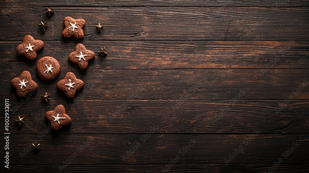 dark raw wood table top view with few minimal christmas cookies 6.1 dark raw wood table top view with few minimal christmas cookies 6.1