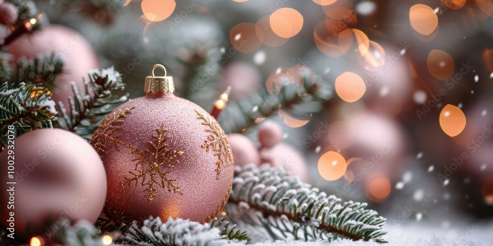 Pink Christmas ornaments and festive bokeh lights create a magical holiday atmosphere amongst greenery and snowflakes Pink Christmas ornaments and festive bokeh lights create a magical holiday atmosphere amongst greenery and snowflakes