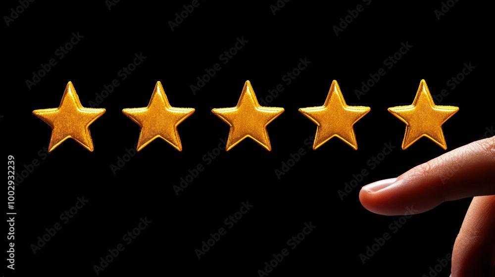 A hand reaching towards five golden stars on a black background, symbolizing quality, rating, and excellence in service or product. A hand reaching towards five golden stars on a black background, symbolizing quality, rating, and excellence in service or product.