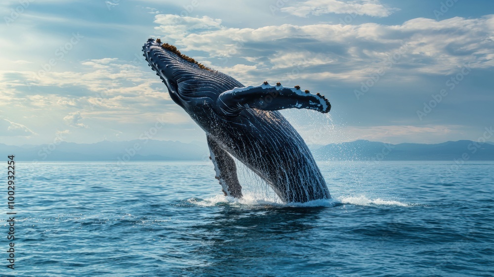 Fototapeta premium Majestic Humpback Whale Breaching the Serene Ocean Surface