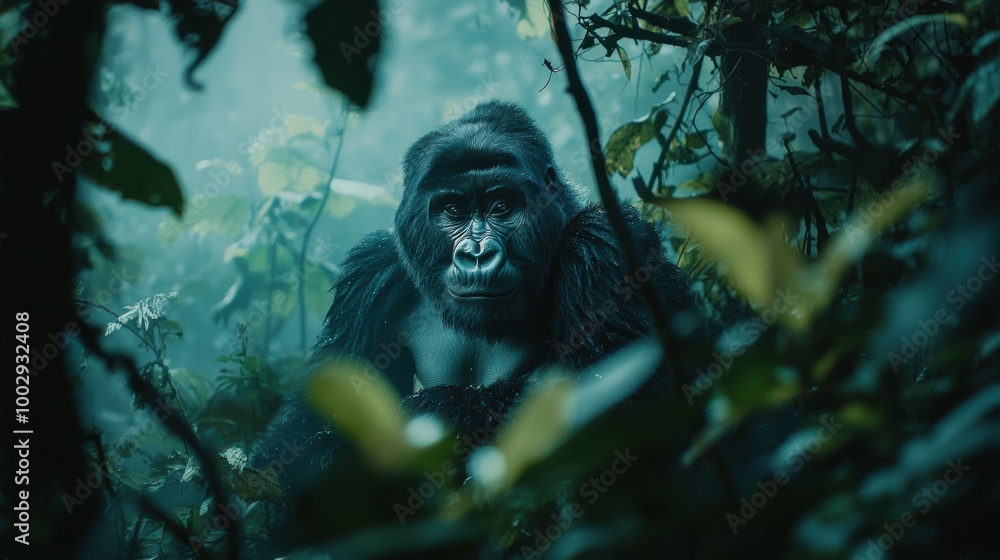 Obraz premium Captivating Gorilla Portrait in Verdant Jungle Setting
