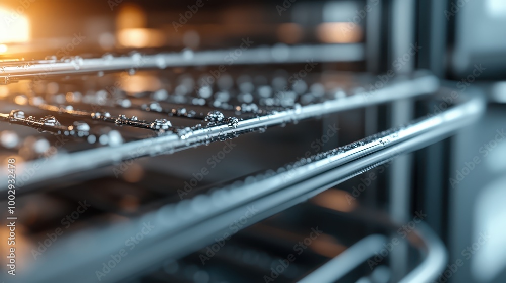 Close-up view of steam rising from an oven rack, showcasing modern kitchen technology and precision in a culinary setting, highlighting attention to detail. Close-up view of steam rising from an oven rack, showcasing modern kitchen technology and precision in a culinary setting, highlighting attention to detail.