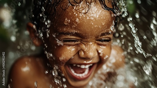 A young child exuberantly laughs while splashing and playing under a cascade of refreshing water, capturing pure joy and the essence of carefree childhood. photo